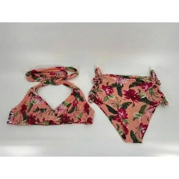 Tori Praver Bikini 2 Piece Swimwear Pink Floral Halter Strappy High Waist Bottom - Picture 3 of 8